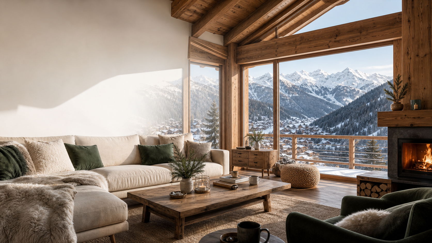 Séjour de chalet lumineux avec vue sur les montagnes enneigées aux Arcs