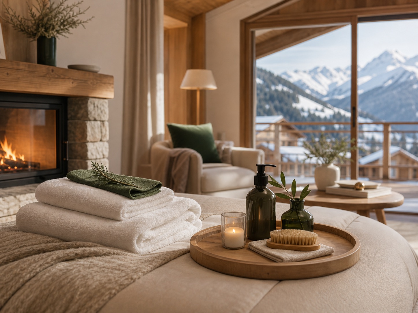Linge propre et détails de préparation dans un chalet premium
